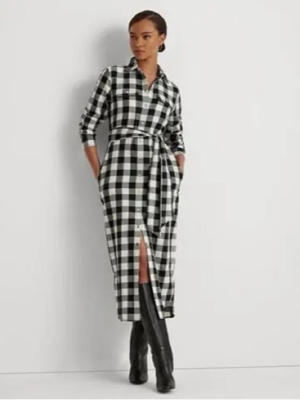 Polo Ralph Lauren Buffalo Check Cotton Maxi Shirt Dress in Black/Cream